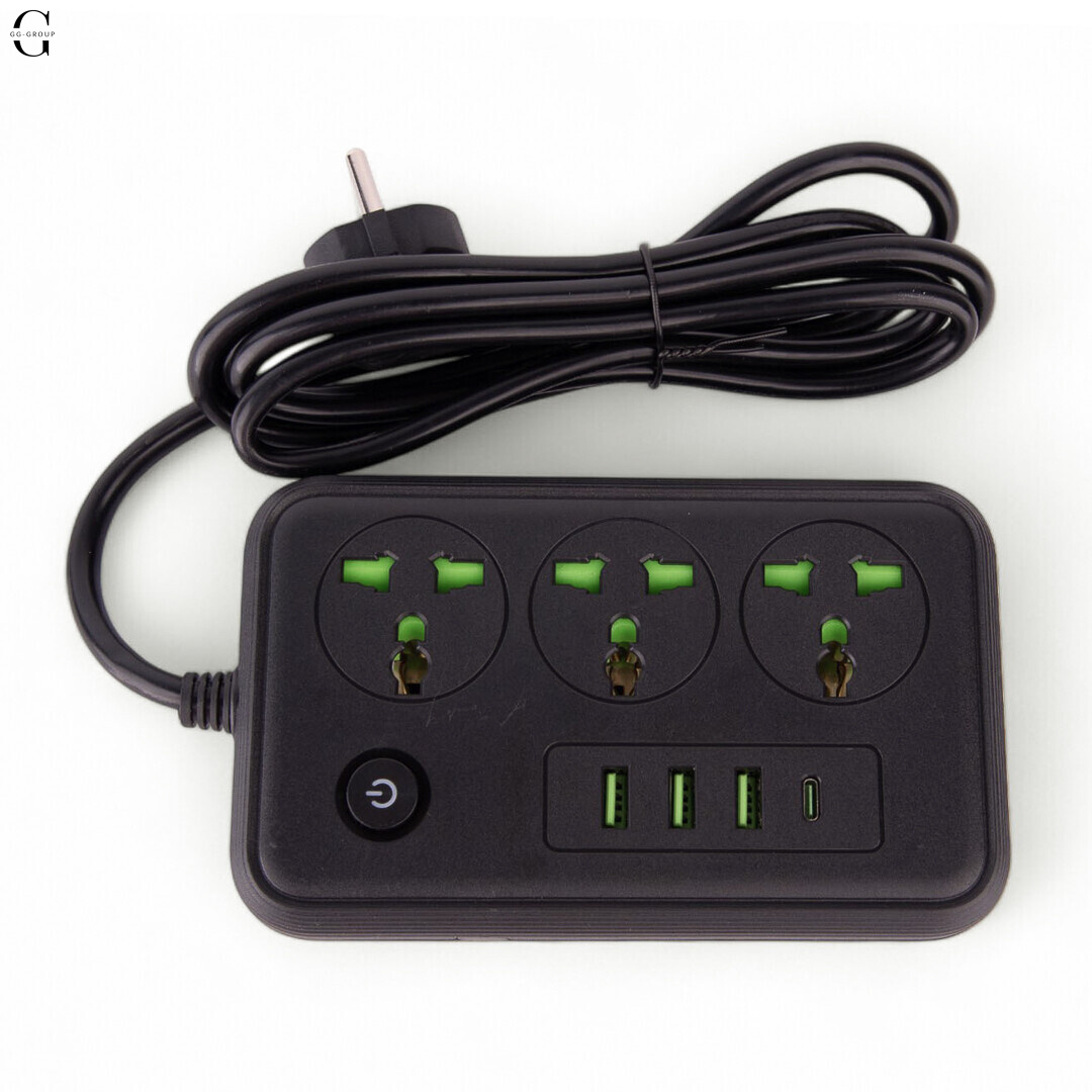 Сетевой фильтр Удлинитель с USB Т-61 (3×220В+3×USB+1×Type-C), , Черный 2m