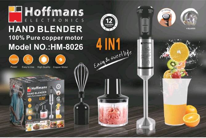 Блендер Hoffmans HM-8026 4-в-1 1000 Вт з 10 швидкостями, турбо та насадками для подрібнення та збивання