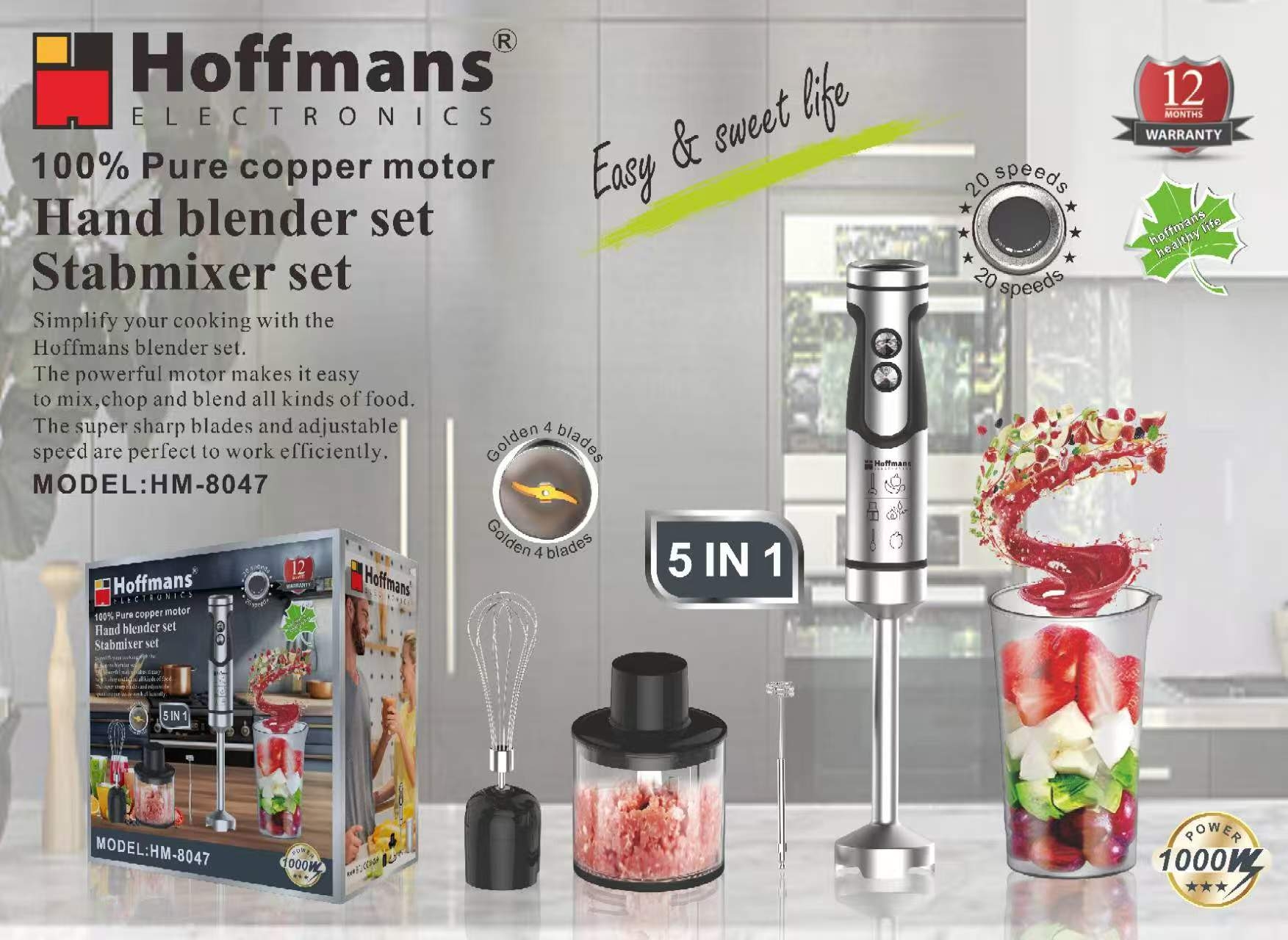 Блендер Hoffmans HM-8047 5-в-1 1000 Вт з 20 швидкостями та насадками для подрібнення та змішування