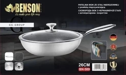 Сковорода глибока WOK з нержавіючої сталі з антипригарним покриттям Benson BN-589 Ø26см