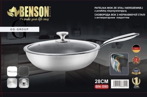 Сковорода глибока WOK з нержавіючої сталі з антипригарним покриттям Benson BN-590 Ø28см