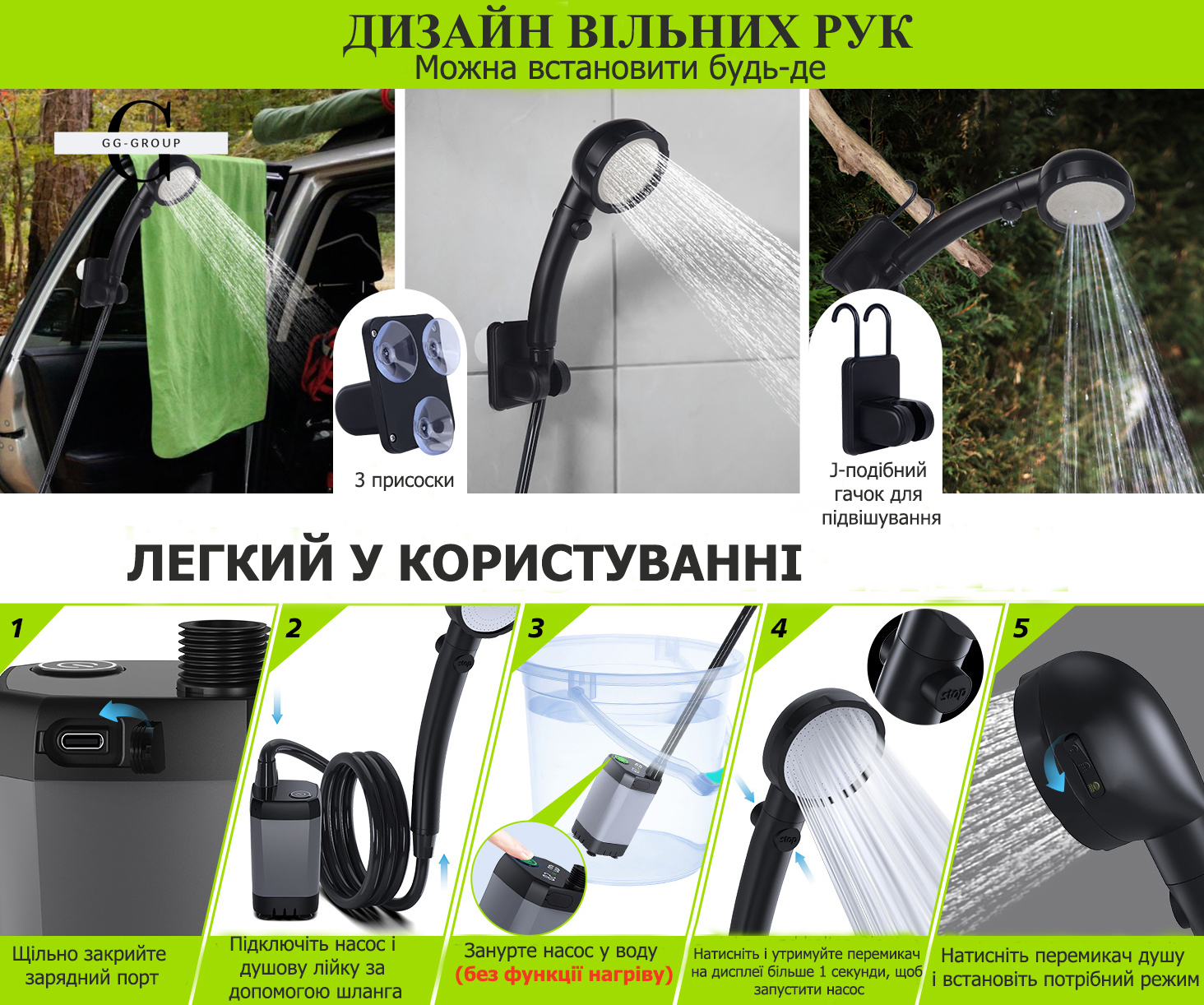 Кемпинговый душ с насосом и дисплеем температуры, с душевой лейкой и шлангом 2M для сада Чёрный 6000mAh
