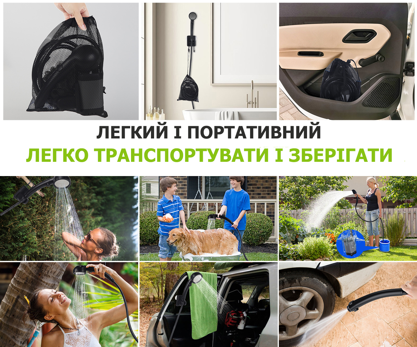 Кемпинговый душ с насосом и дисплеем температуры, с душевой лейкой и шлангом 2M для сада Чёрный 6000mAh