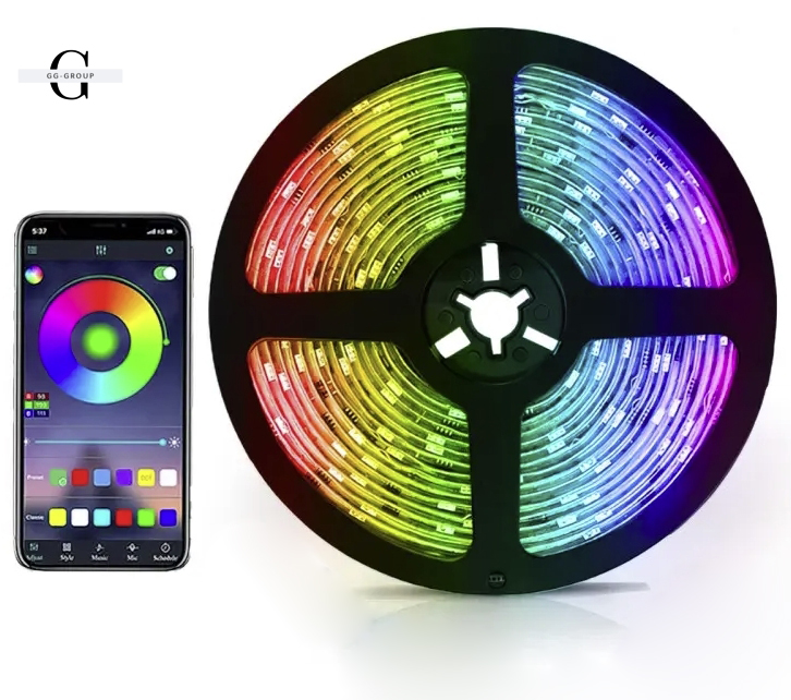 Светодиодная лента 5050 RGB – 16 цветов, IP65, 55 люмен, 9000 часов работы от USB 5V с Bluetooth и мобильным приложением