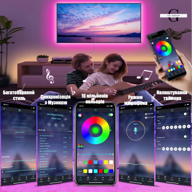 Светодиодная лента 5050 RGB – 16 цветов, IP65, 55 люмен, 9000 часов работы от USB 5V с Bluetooth и мобильным приложением