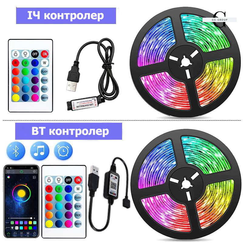 Светодиодная лента 5050 RGB – 16 цветов, IP65, 55 люмен, 9000 часов работы от USB 5V с Bluetooth и мобильным приложением