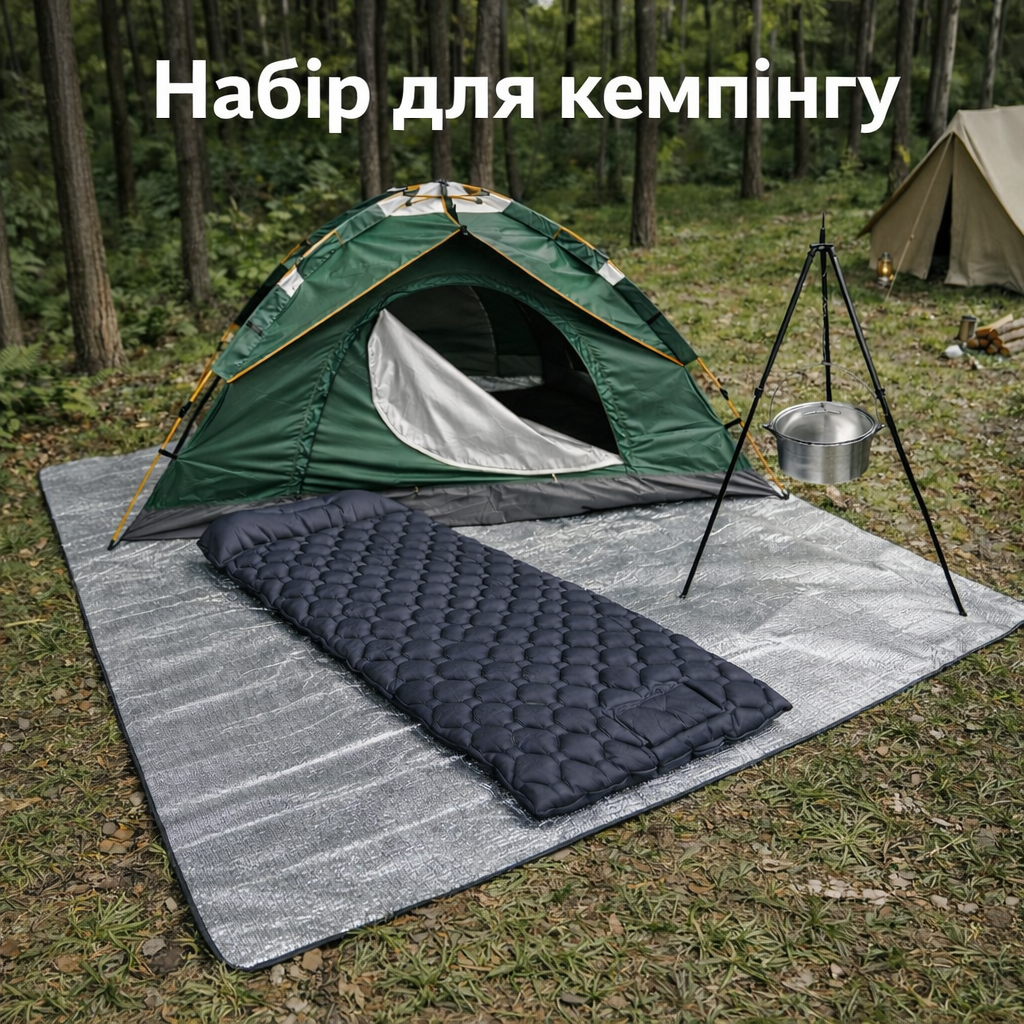 Туристический набор для кемпинга 5 в 1: палатка-полусфера, подстилка, самонадувающийся матрас, тренога и казан