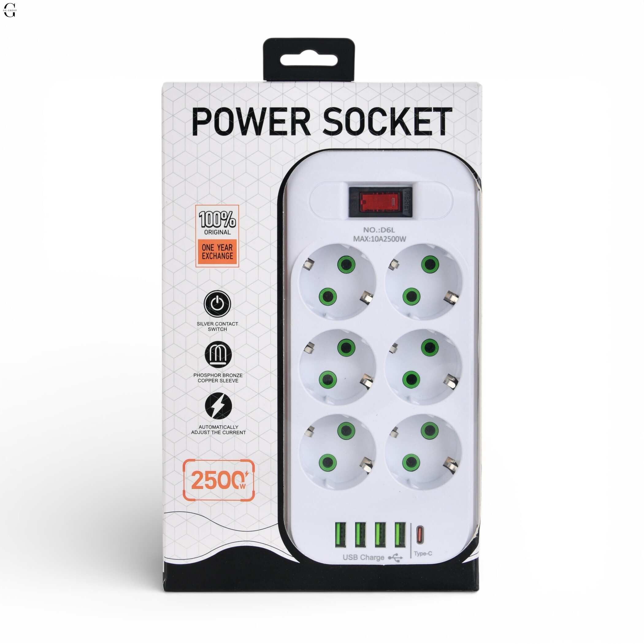 Підовжувач мережевий ТК-5 F06u 3м 6 розеток + 3USB + 1 Type-C, 2500Вт, білий, із захистом та кріпленням