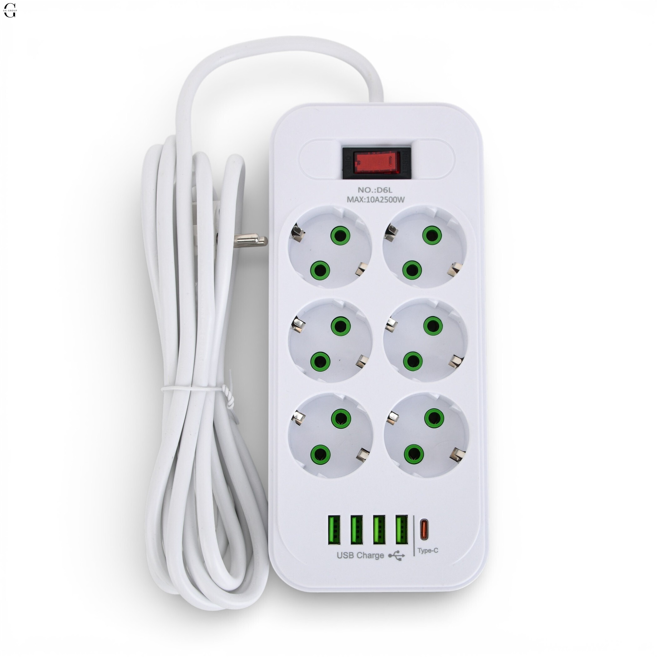 Підовжувач мережевий ТК-5 F06u 3м 6 розеток + 3USB + 1 Type-C, 2500Вт, білий, із захистом та кріпленням