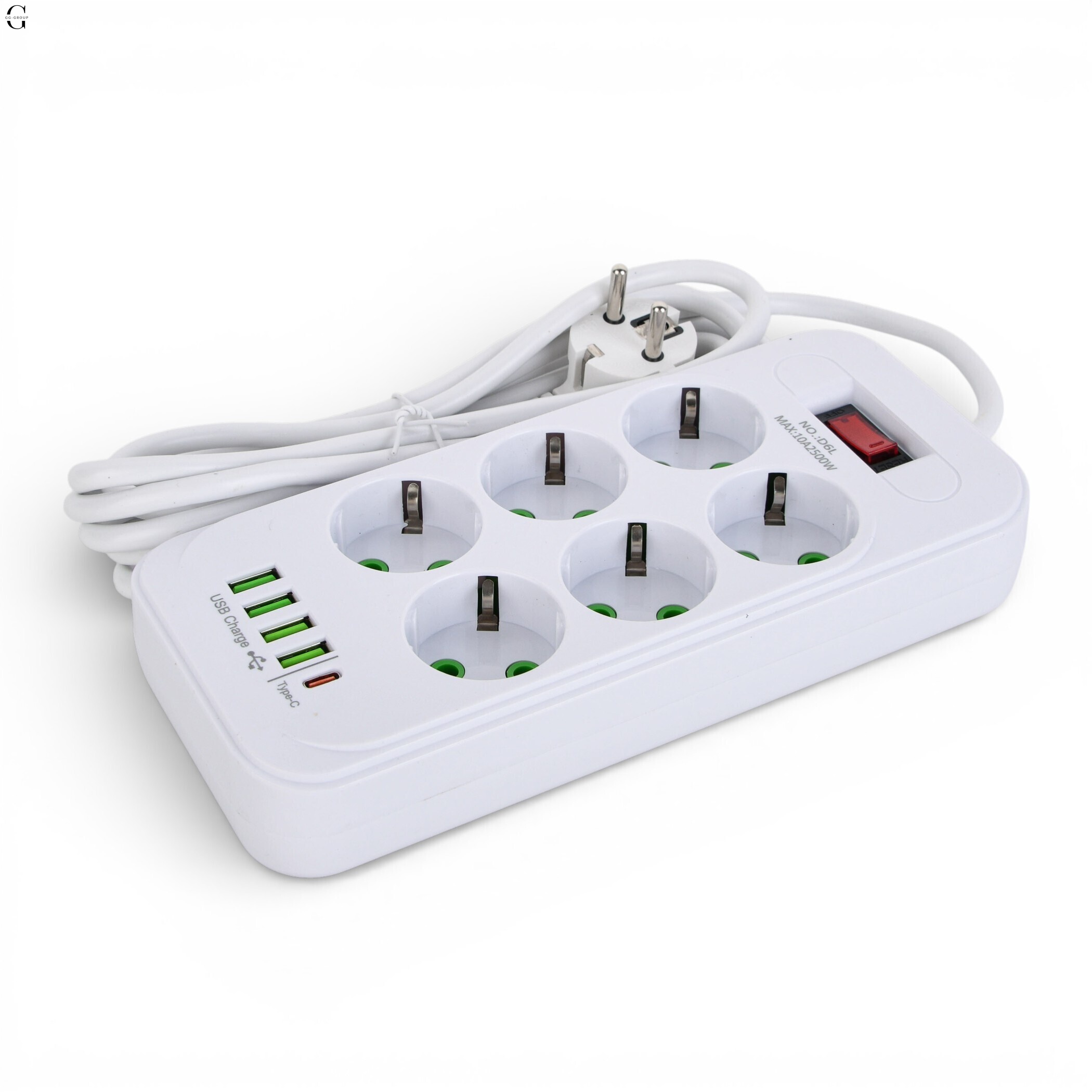 Підовжувач мережевий ТК-5 F06u 3м 6 розеток + 3USB + 1 Type-C, 2500Вт, білий, із захистом та кріпленням