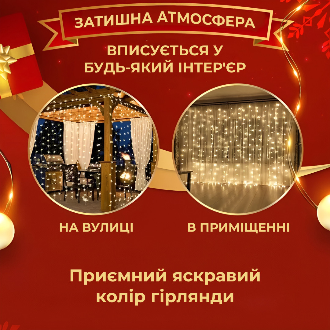 Гирлянда штора светодиодная GarlandoPro Роса 200LED 2х2м 8 линий 8 режимов гирлянда капля росы Желтый+пульт