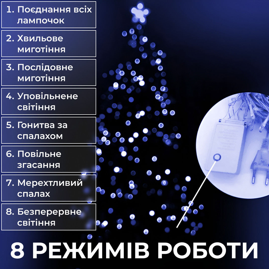 Гирлянда нить 6м на 100 LED лампочек светодиодная черный провод 8 режимов работы
