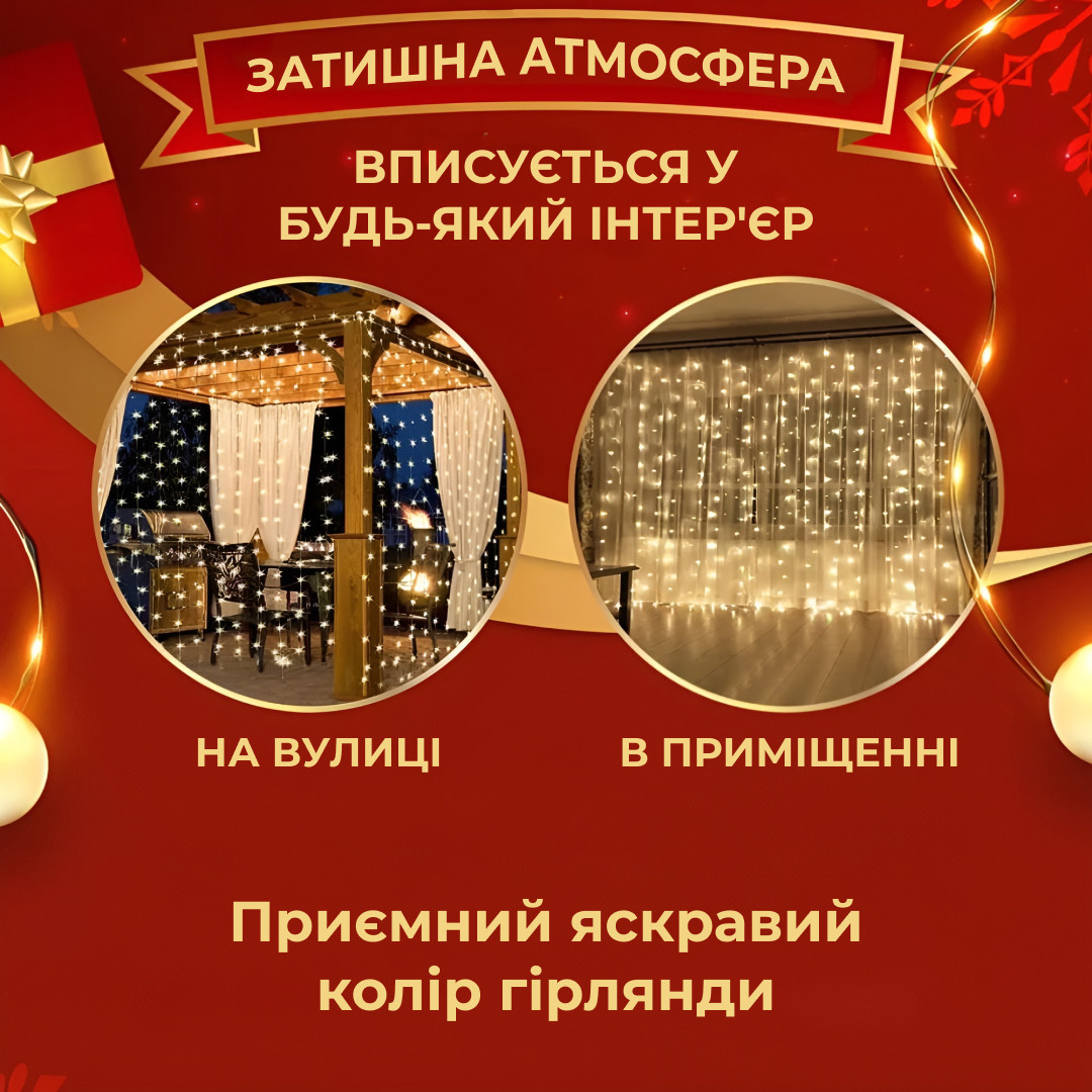 Гирлянда Водопад 3х2 м 210 LED (480 L) лампочек светодиодная прозрачная проволока 10 нитей 8 режимов Желтый