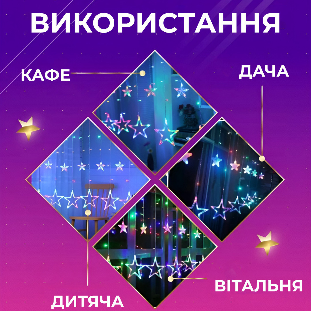 Гирлянда штора 3х0,7м Звезды на 108 LED лампочек светодиодная 6 больших и 6 маленьких звезд 9В 8 режимов