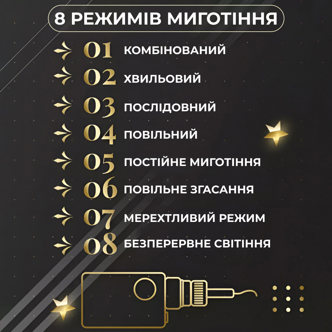 Гирлянда штора 3х0,7м Звезды на 108 LED лампочек светодиодная 6 больших и 6 маленьких звезд 9В 8 режимов Желтый