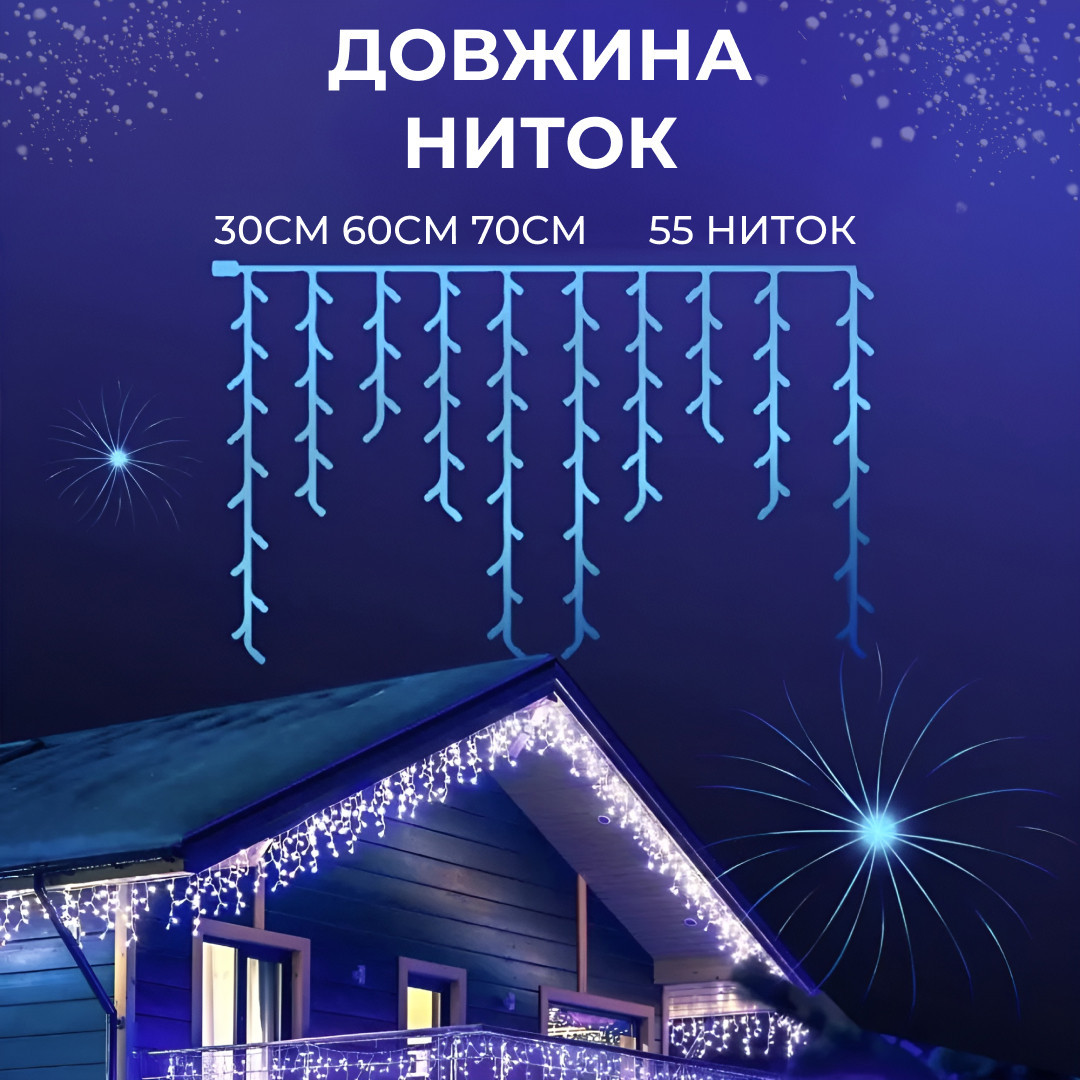 Гирлянда уличная светодиодная 200 LED 12 метров белая проволока бахрома 55 нитей Синий