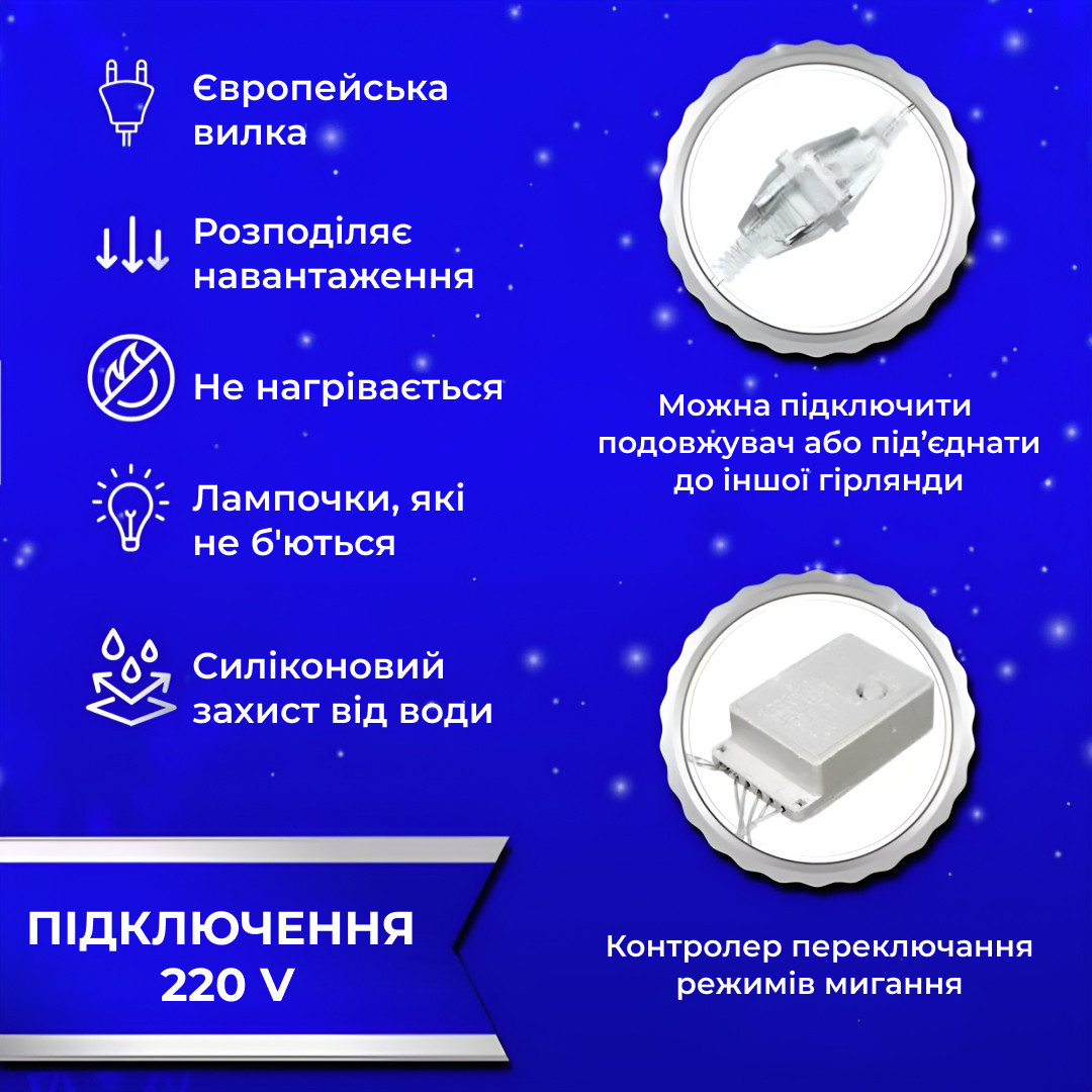 Гирлянда штора 3х2 м 240 LED светодиодная силикон провод 12 нитей Синий