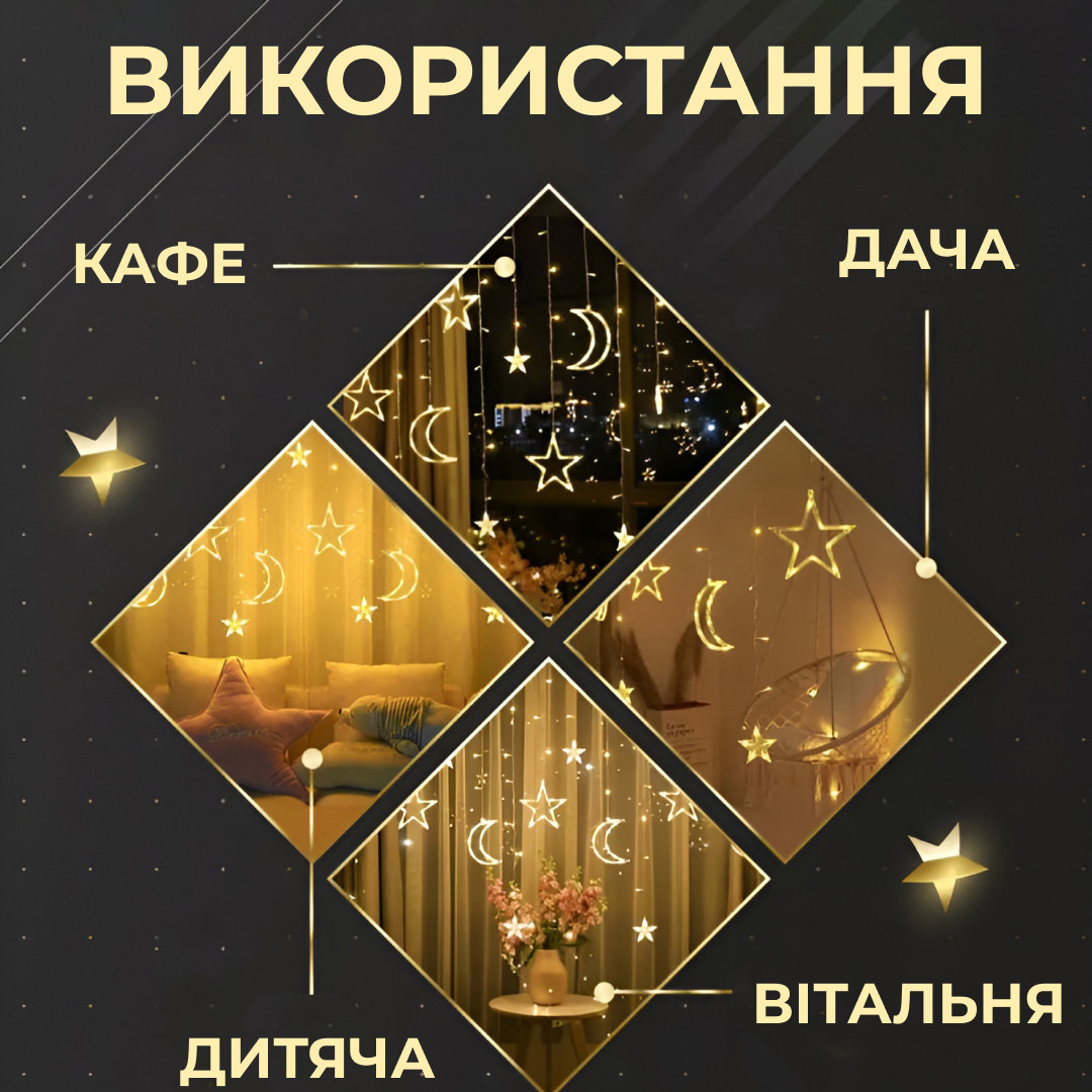 Гирлянда светодиодная штора GarlandoPro звезда и луна 108LED 3х0,9 м гирлянда звезда Желтый