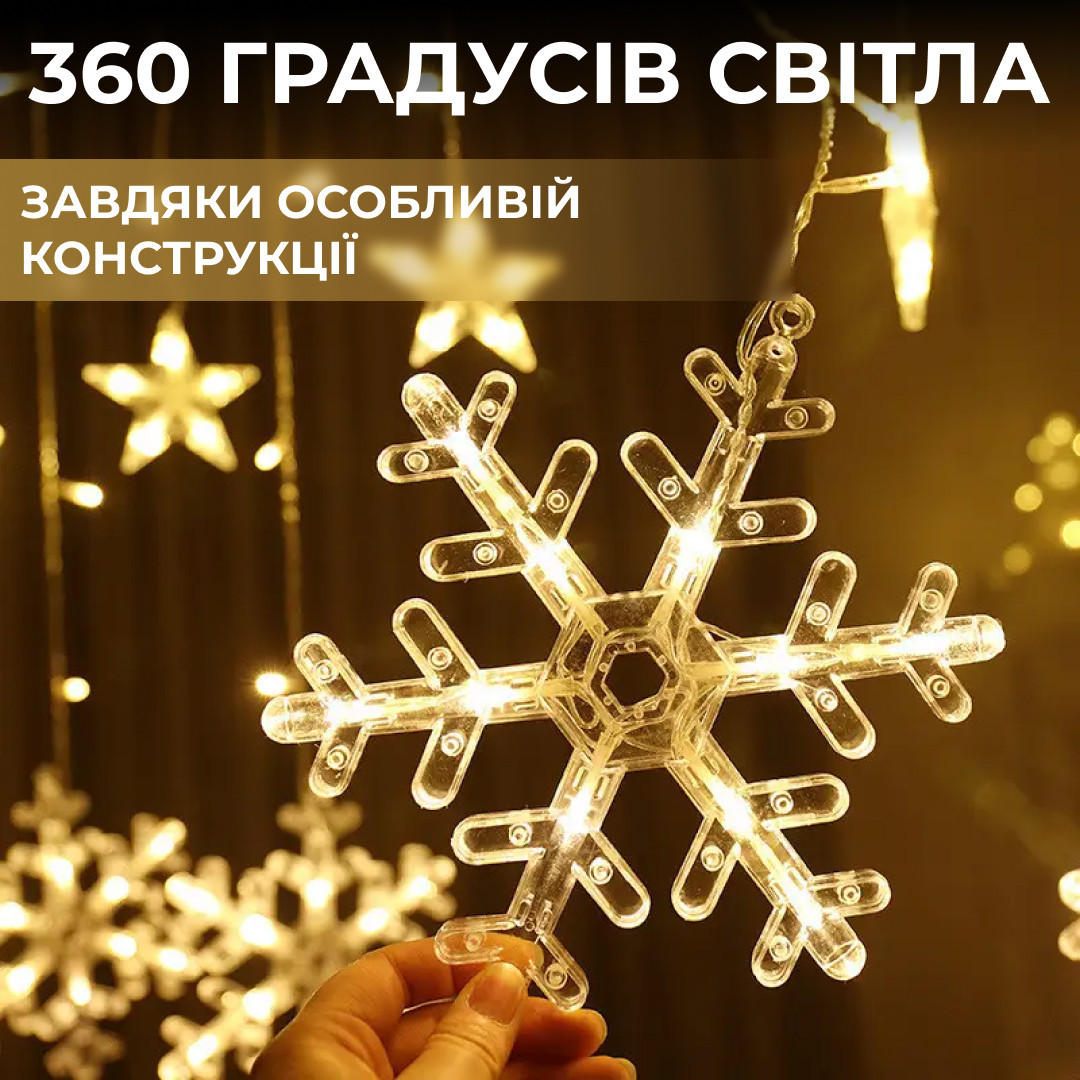 Гирлянда светодиодная штора GarlandoPro снежинка и звезда 12 фигур 3х1м гирлянда звезда Желтый