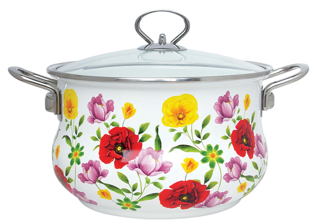Каструля емальована з кришкою Benson BN-117 біла з квітковим декором (2.7 л)