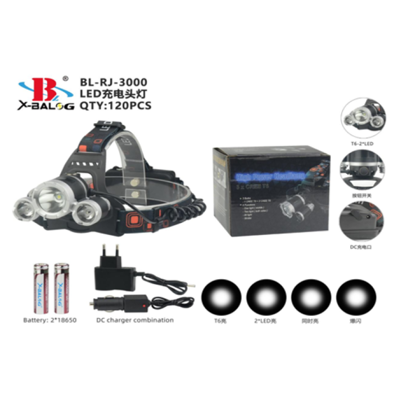 Налобний Ліхтарик X-BAIL RJ-3000-T6 Boriut Адаптор 220v/12v/2-Акумулятора ((HEAD TORCH))