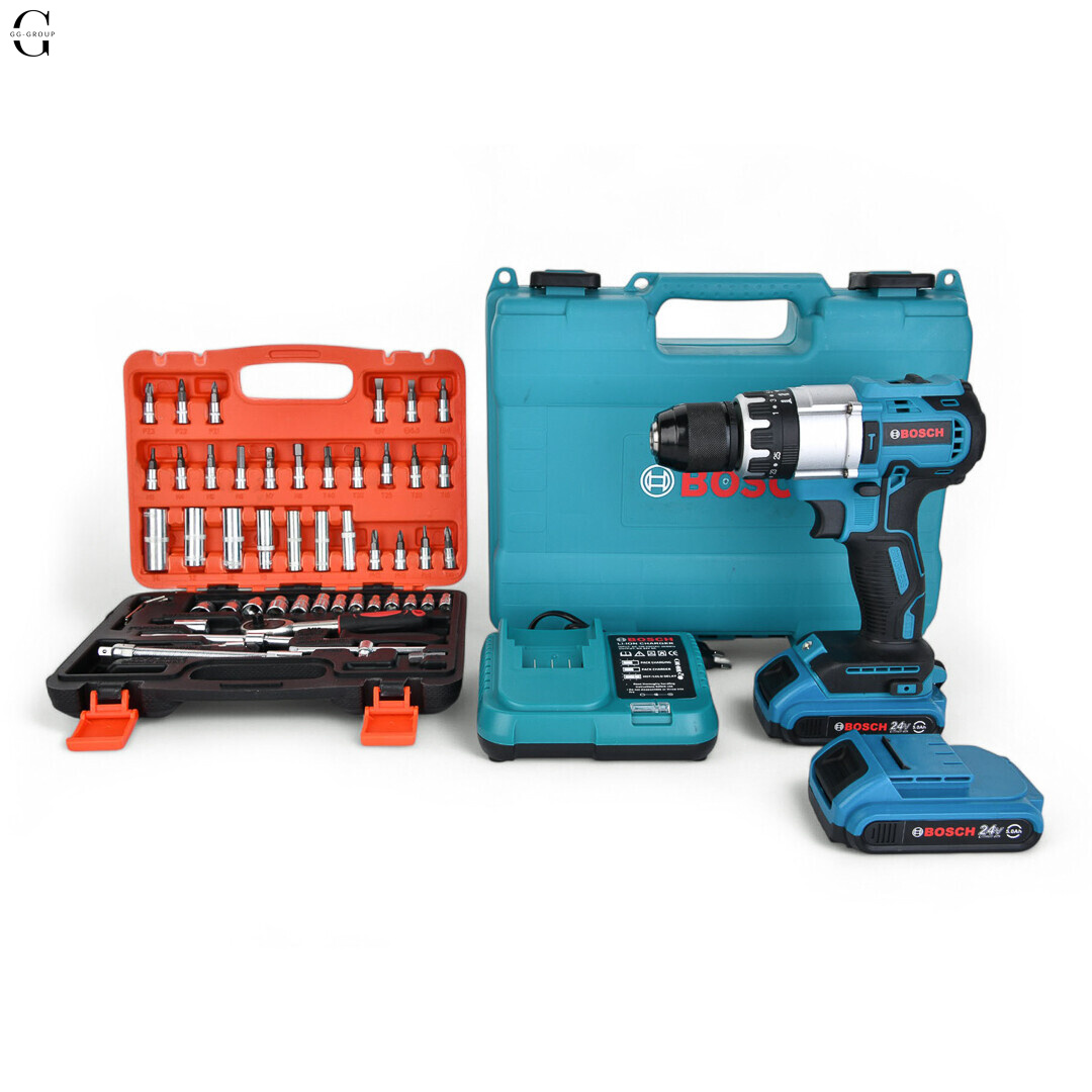 Шуруповерт Bosch 24V Бесщеточный + 2 АКБ 4Ah + Металлический патрон + Набор инструментов 53 в 1