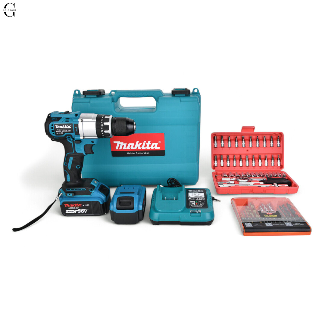 Шуруповерт MAKITA 36V Бесщеточный + 2 АК 5Ah + Металлический патрон + Набор инструментов 53 в 1
