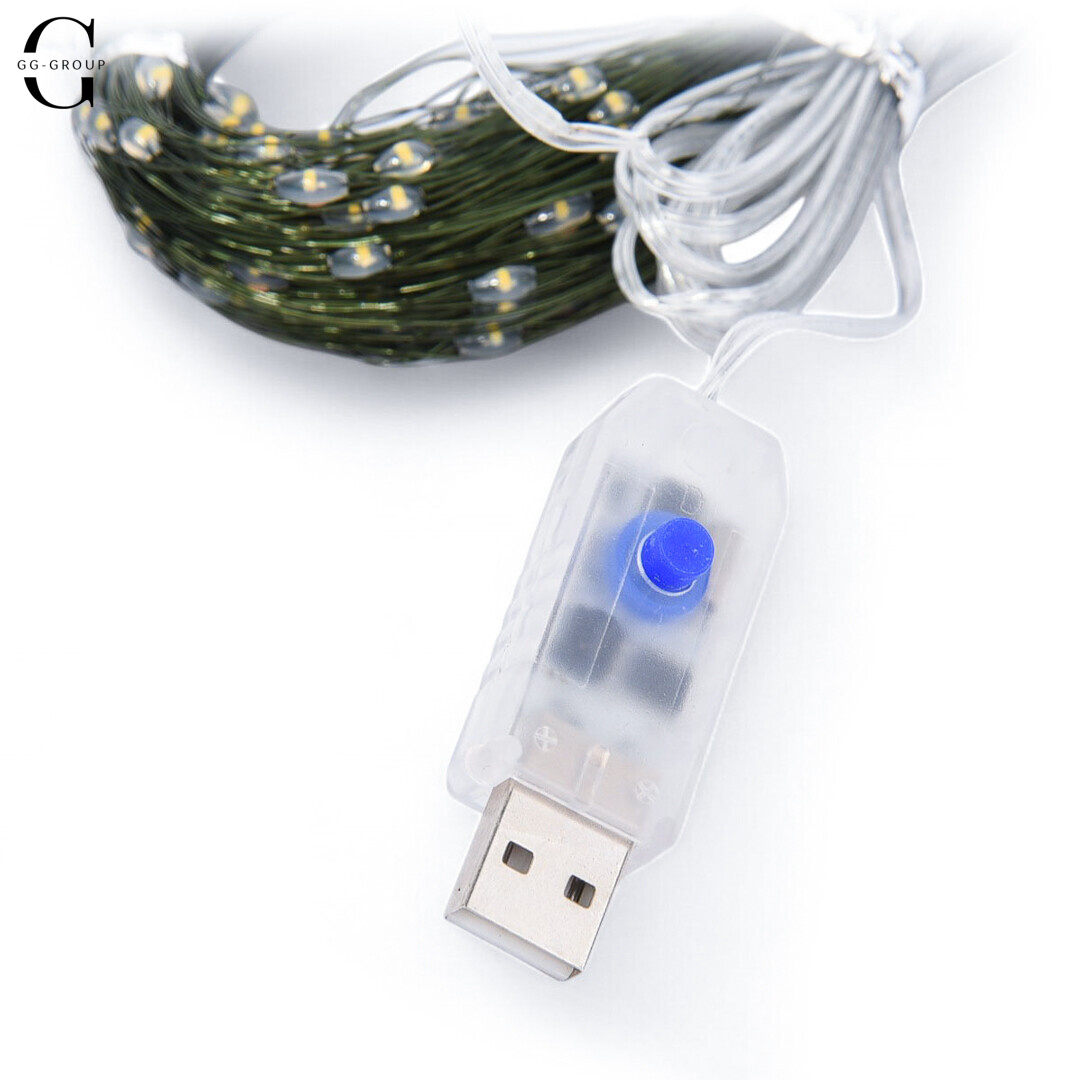 Гирлянда "Роса" зеленая проволока - USB, с пультом д/у, теплый свет, 30 м, 300 диодов