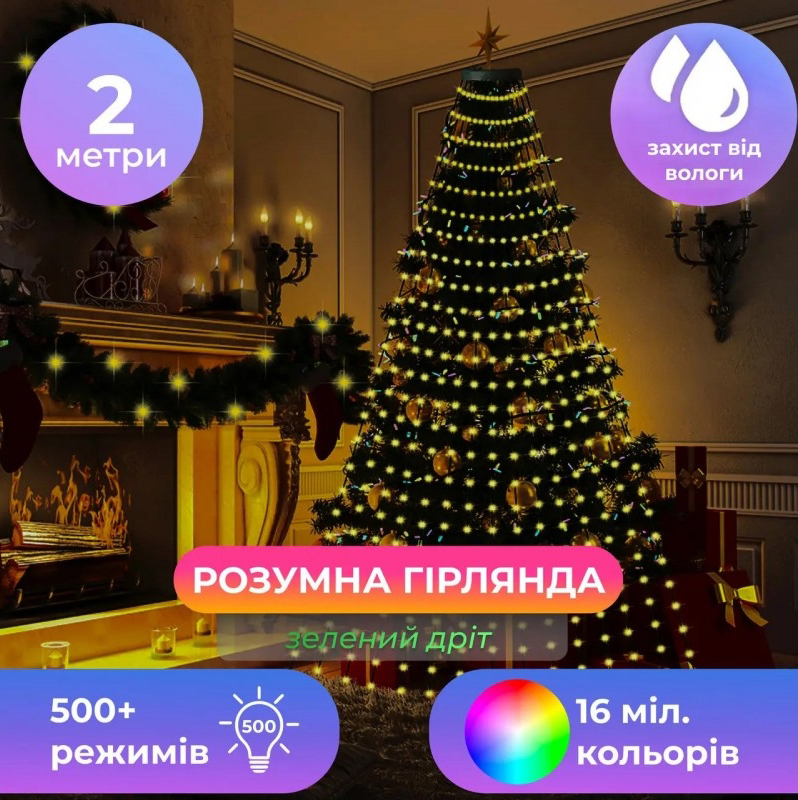 Розумна гірлянда Кінський хвіст 10×2м з Bluetooth, пультом і 500+ режимами SFK-02 USB зелений дріт